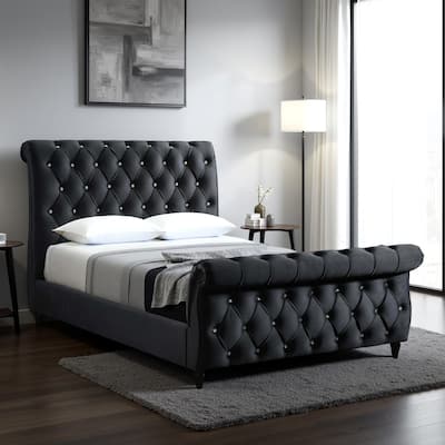 Ellowen King Size Bed, Diamond Tufted Upholstery, Panel Headboard, Black
