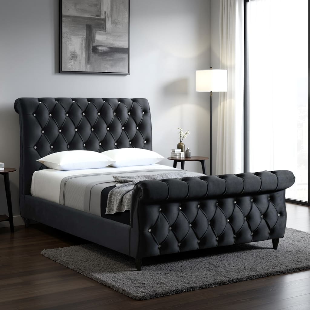 Ellowen King Size Bed, Diamond Tufted Upholstery, Panel Headboard, Black