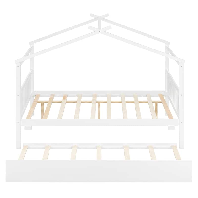 Kids Full Size House Bed with Pull-Out Trundle and Headboards Durable Pine Construction
