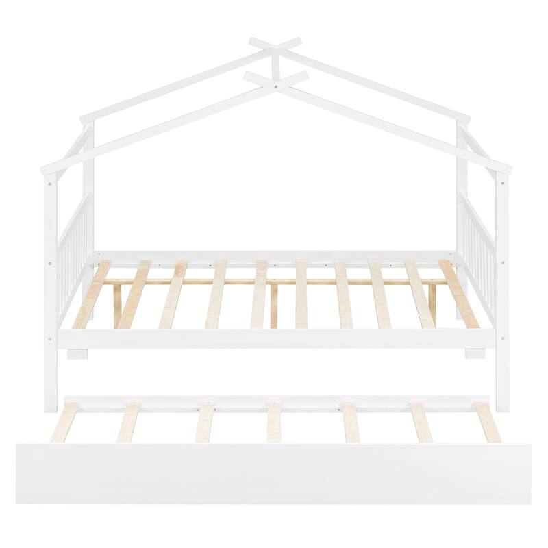 Solid Wood House Platform Bed Frame with Trundle Bed and Roof