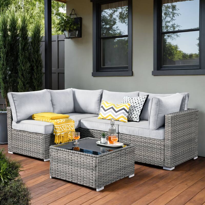 OVIOS 5-Piece Low-profile Deep Seat Wicker Outdoor Patio Furniture Set - Grey