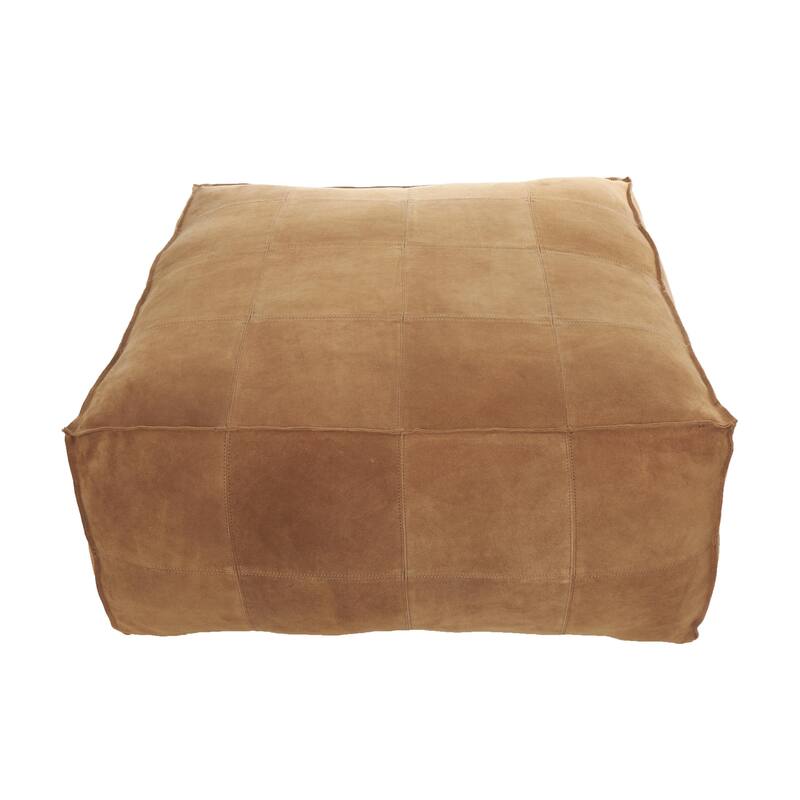 Leather Low Profile Square Pouf with Patchwork Design - Brown, Gray or Dark Brown- Roche River Decor