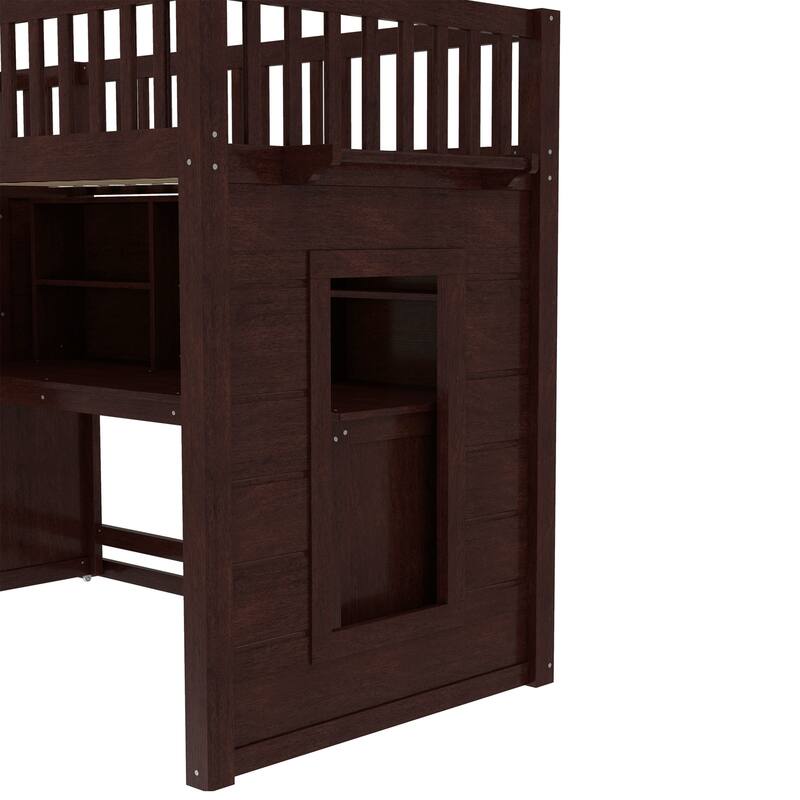 Children's Bedroom Solid Wood Loft Bed with Movable Desk, Storage Stairs, Shelves, Safety Guardrails and Optional Full or Twin
