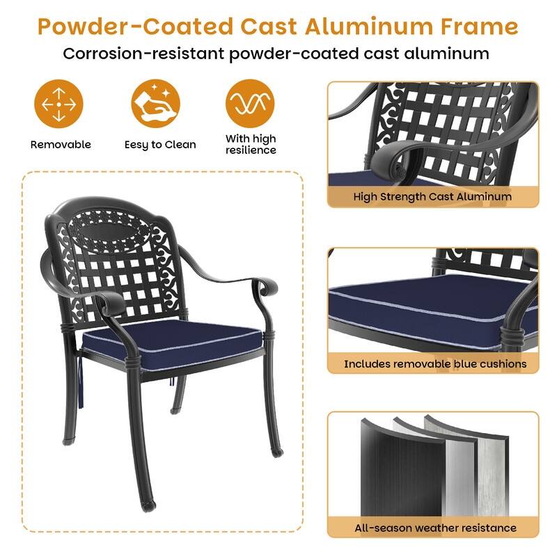 Black Stackable Cast Aluminum Patio Outdoor Dining Chairs With Blue Seat Cushions