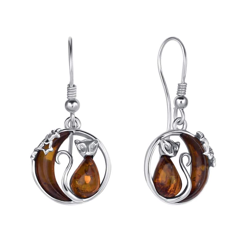 Baltic Amber Cat and Moon Earrings Fishhook in Sterling Silver