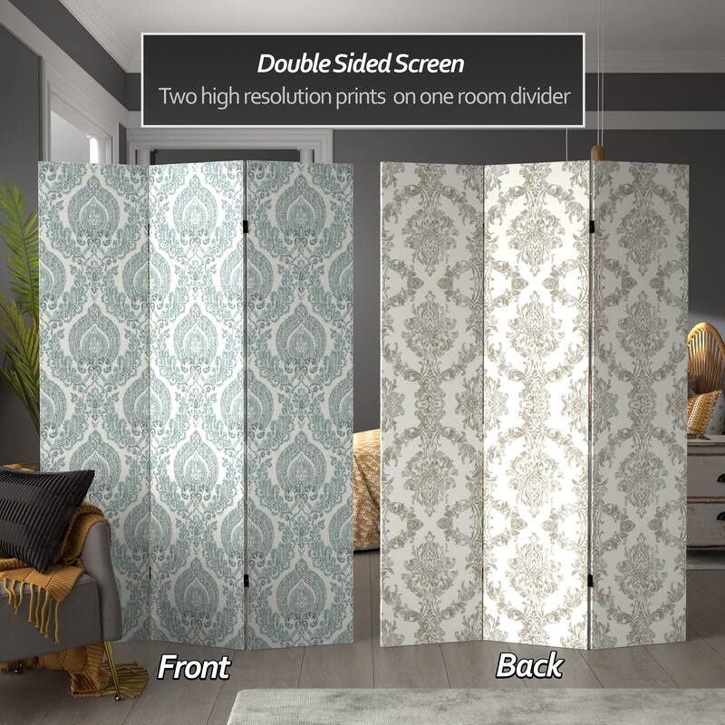 Handmade 6' Double Sided Ivory Damask Canvas Room Divider