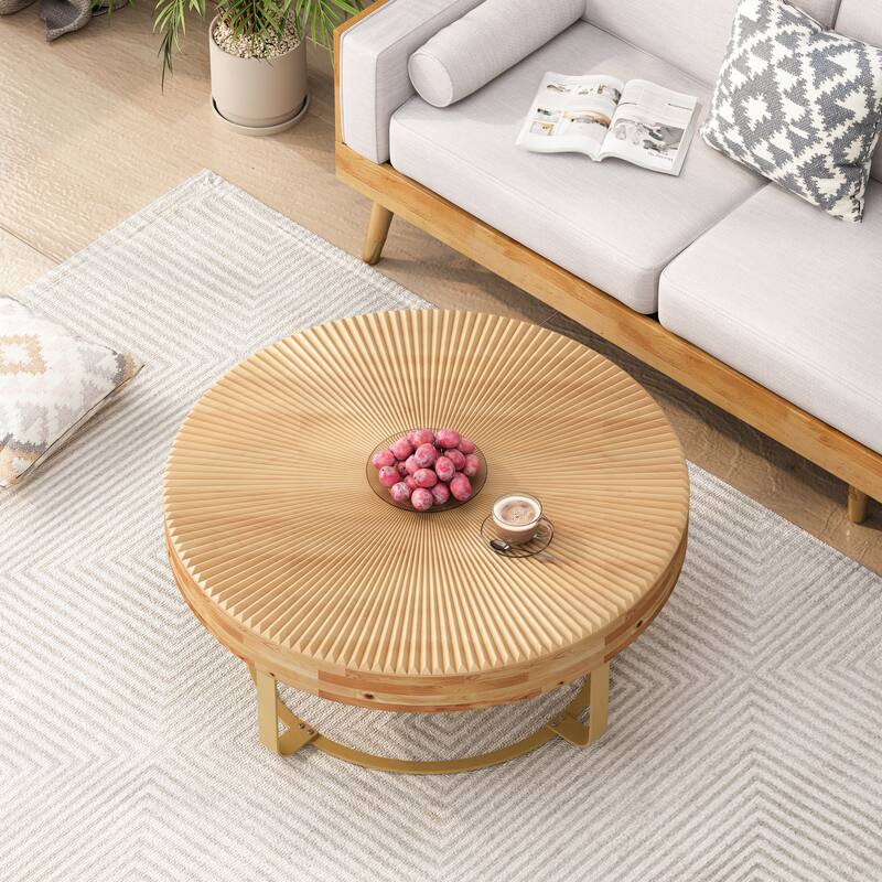 Modern round coffee table Wooden carving pattern coffee table with metal legs for living room reception room office Golden