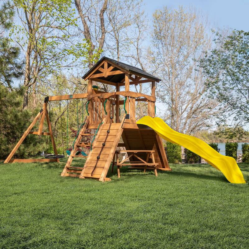Backyard Discovery Endeavor II Cedar Wood Swing Set, Slide, Play Deck
