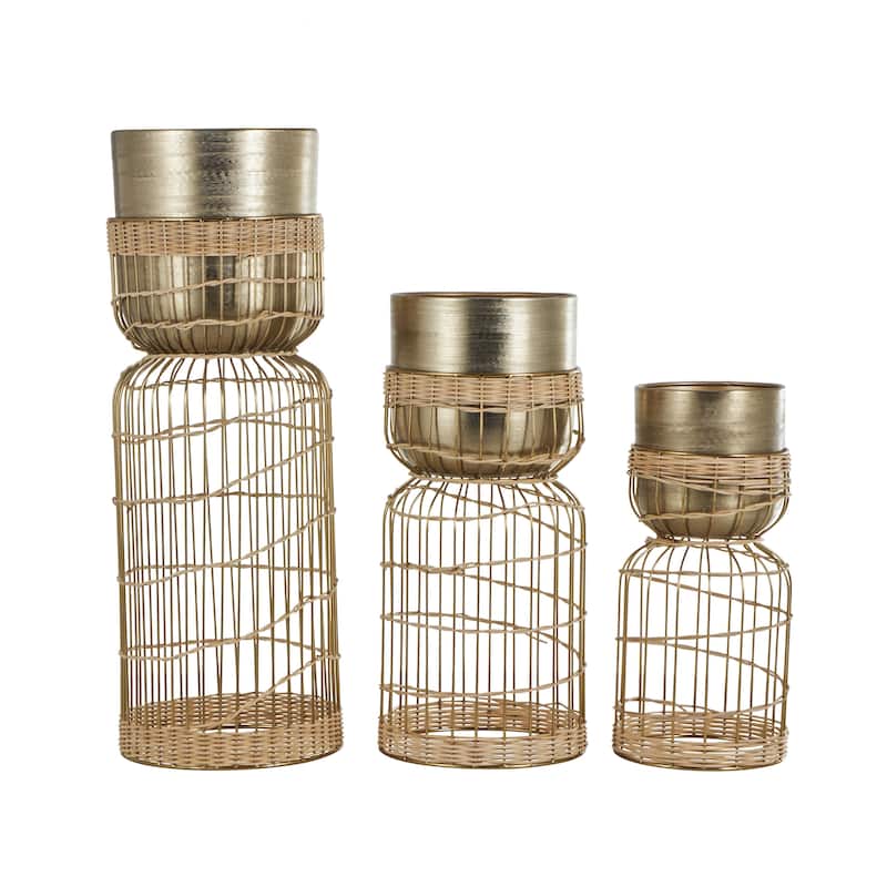 Metal Textured Dome Indoor Planter with Woven Seagrass or Rattan and Cage Rod Base - Set of 3 Gold or Silver - Roche River Decor