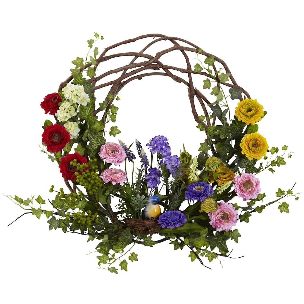 Spring Floral Decorative Wreath, 22-Inch, Unlit