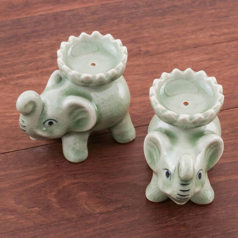 Novica Handmade Baby Elephants In Green Celadon Ceramic Incense Holders (Pair)
