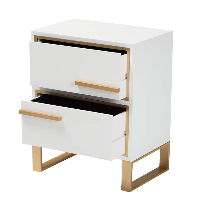 Baxton Studio Giolla Contemporary Glam and Luxe White Finished Wood and Gold Metal 2-Drawer End Table