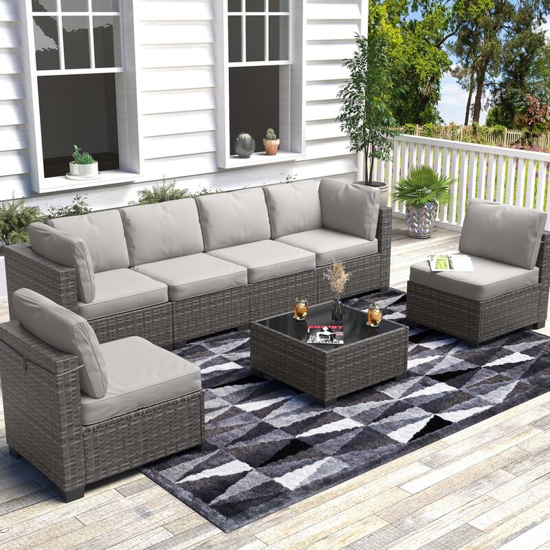 Patio Funiture Set 7 Pieces Outdoor Rattan with Detachable Soft Cushions Patio Conversation Sets - Gray + Light Gray