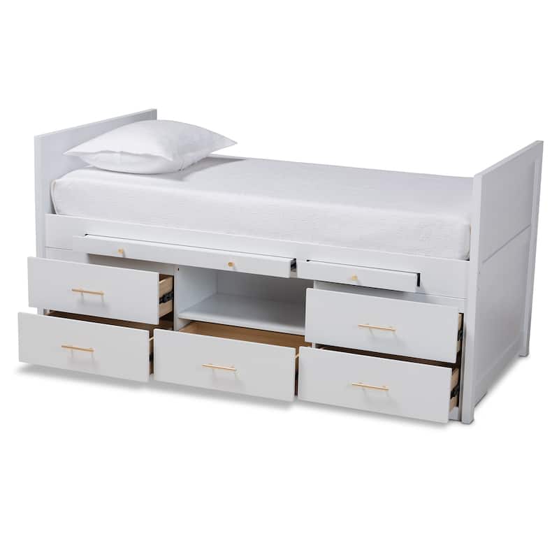 Twin Storage Bed with Desk - 5 Drawer Wood Bed Frame - White Finish - Kids Bedroom Furniture