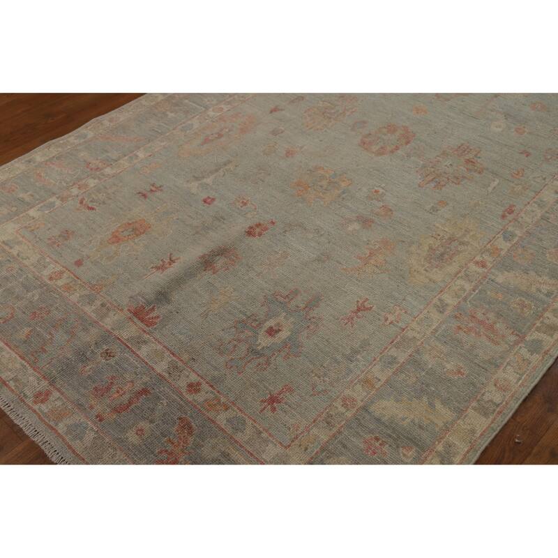 Transitional Blue Oushak Turkish Rug Hand-Knotted Wool Carpet - 5'1"x 8'0"