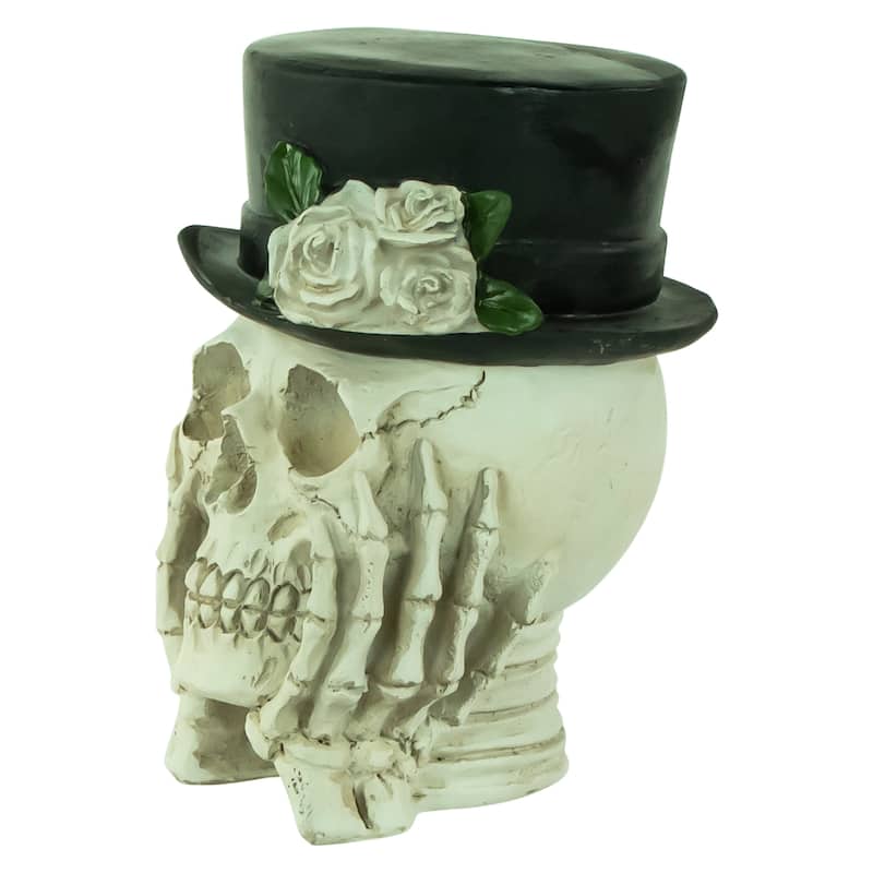 9" Skull with Top Hat and Roses Halloween Decoration