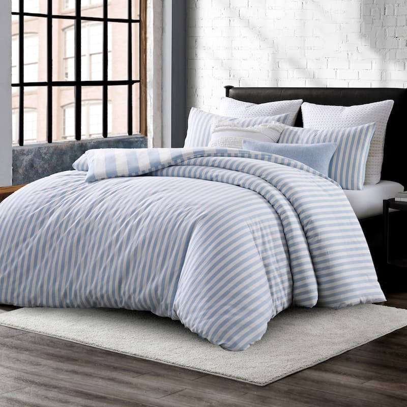 DKNY Reversible Stripe Vintage Washed Cotton Comforter Set - Full - Queen