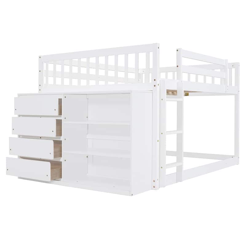 Full Over Full Bunk Bed with 4 Drawers and 3 Shelves in Solid Pine