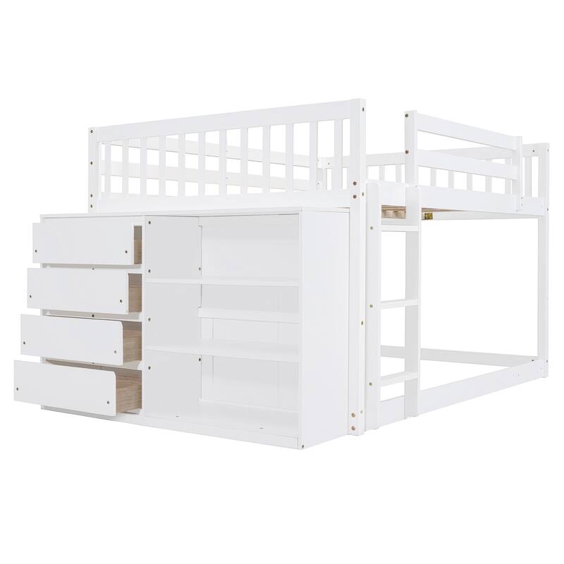 Wood Floor Bunk Beds with 4 Drawers and 3 Shelves, Convertible Side Cabinets and Ladders, Solid Wood Bunkbed Frame for Bedroom