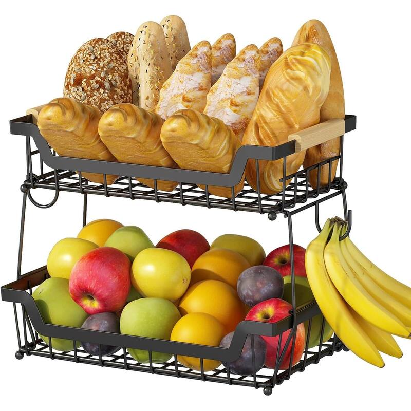 3 Tier Countertop Fruit Basket with 2 Banana Hangers for Kitchen