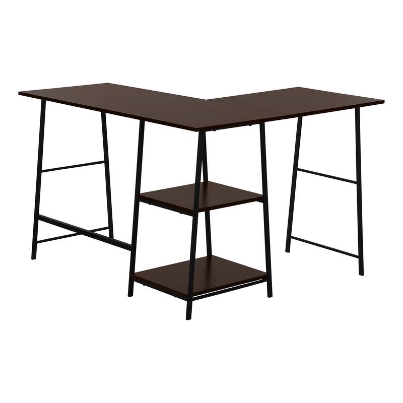 Industrial Corner Computer Desk with Storage Shelves and Metal Sawhorse Legs