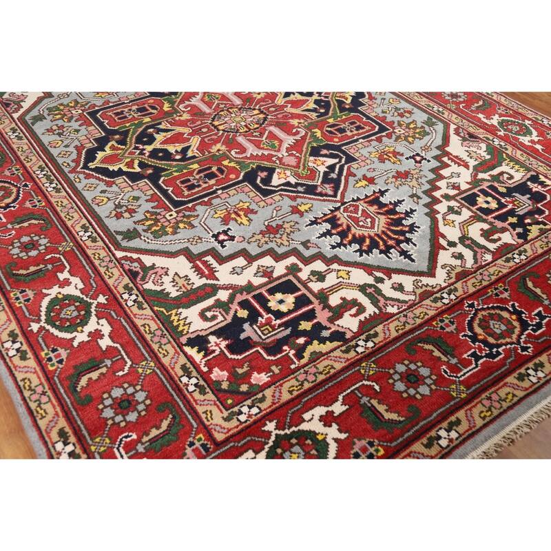 Light Blue Geometric Heriz Serapi Indian Area Rug Handmade Wool Carpet - 7'11"x 10'5"