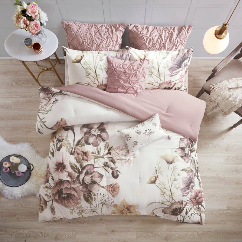 8 Piece Cotton Printed Comforter Set Blush Queen