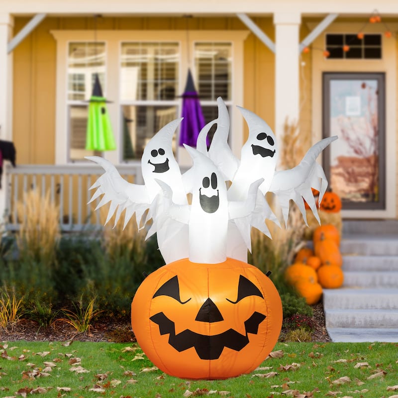 Glitzhome 6FT Lighted 3 Screaming Ghosts In Pumpkin Inflatable Decor