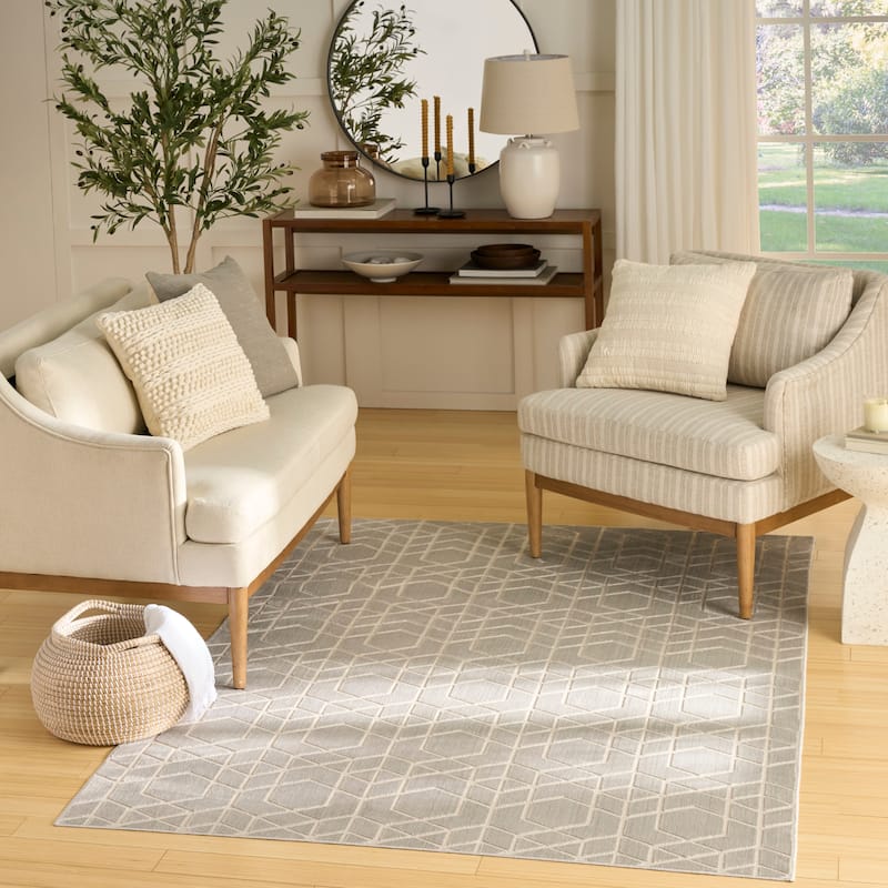 Nourison Washable Charm Indoor only Geometric Area Rug - Silver/Ivory - 4' x 6'