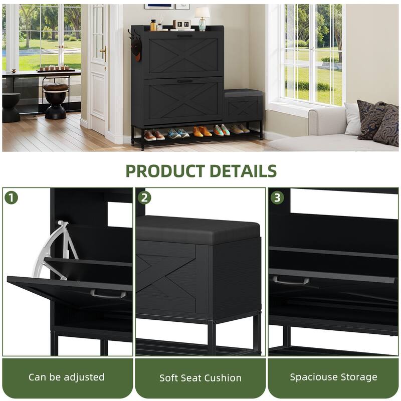 Moasis Farmhouse Shoe Storage Cabinet with 2 Flip Drawers for 16 Pairs Entryway Shoe Storage with Shoe Bench