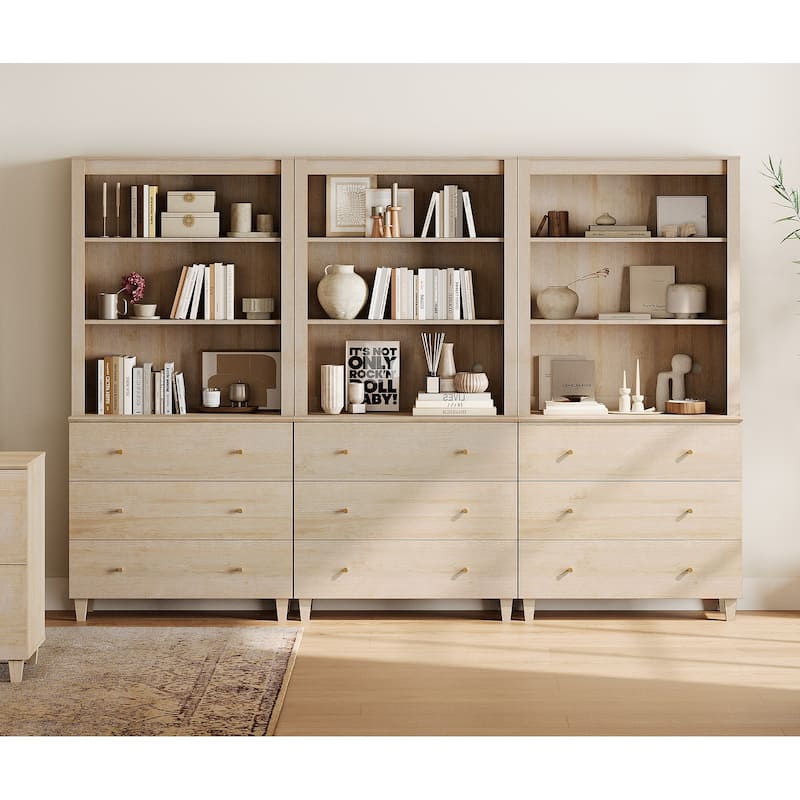 WAMPAT Modern 71" Tall Bookcase with 9 Drawers, 3 Columns 3-Tier - Light Oak