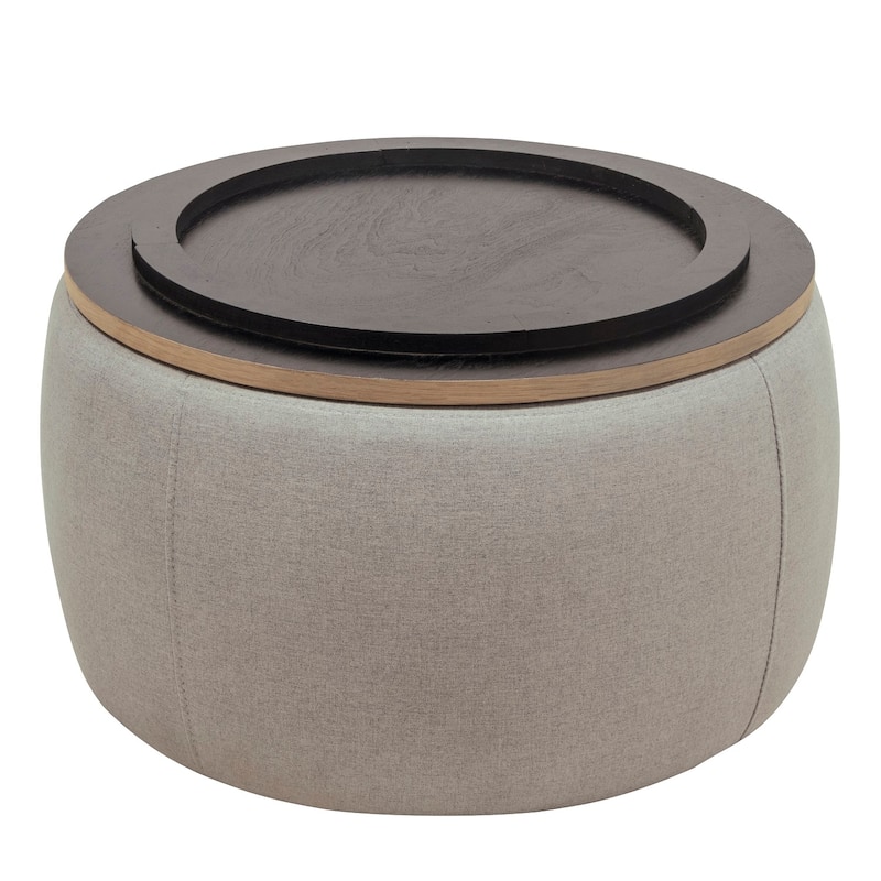 HomeRoots 26" Gray and Natural Fabric And Wood Reversible Tray Top Round Storage Ottoman