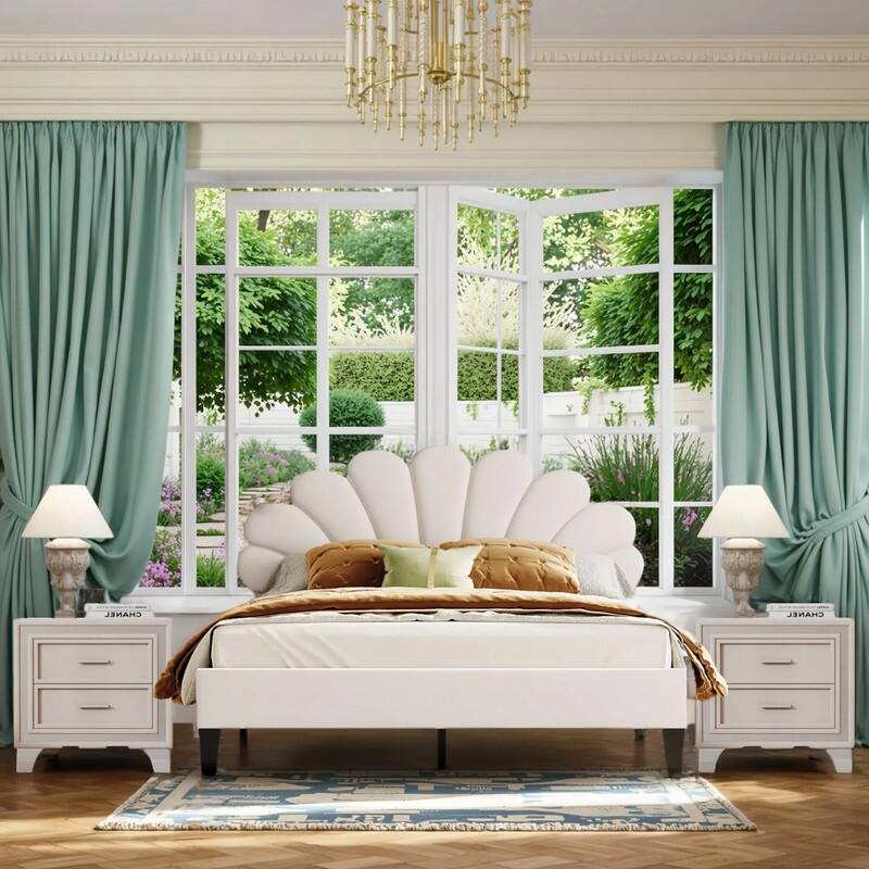 3-Pieces Bedroom Sets, Upholstered Platform Bed with Flower Pattern Velvet Headboard ,and Two Nightstands with 2 Drawers - Beige - Queen