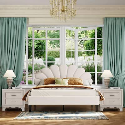 3-Pieces Bedroom Sets, Upholstered Platform Bed with Flower Pattern Velvet Headboard ,and Two Nightstands with 2 Drawers