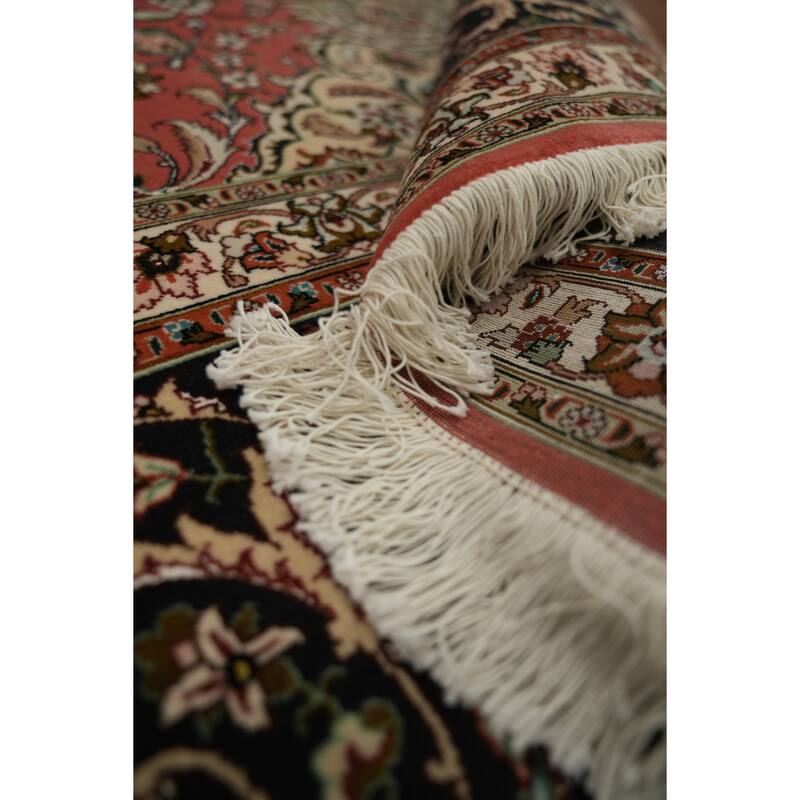 Hand Knotted Oriental Wool & Silk Carpet Traditional Floral Red Tabriz Area Rug - 13' 0'' X 9' 10''