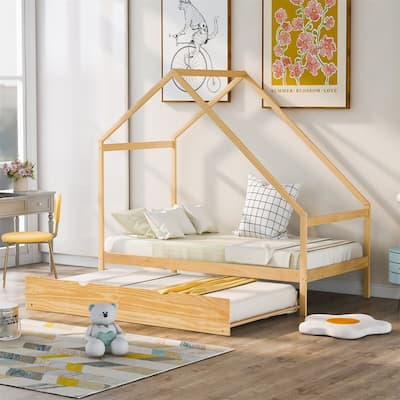 Merax Wooden House Bed With Twin Size Trundle