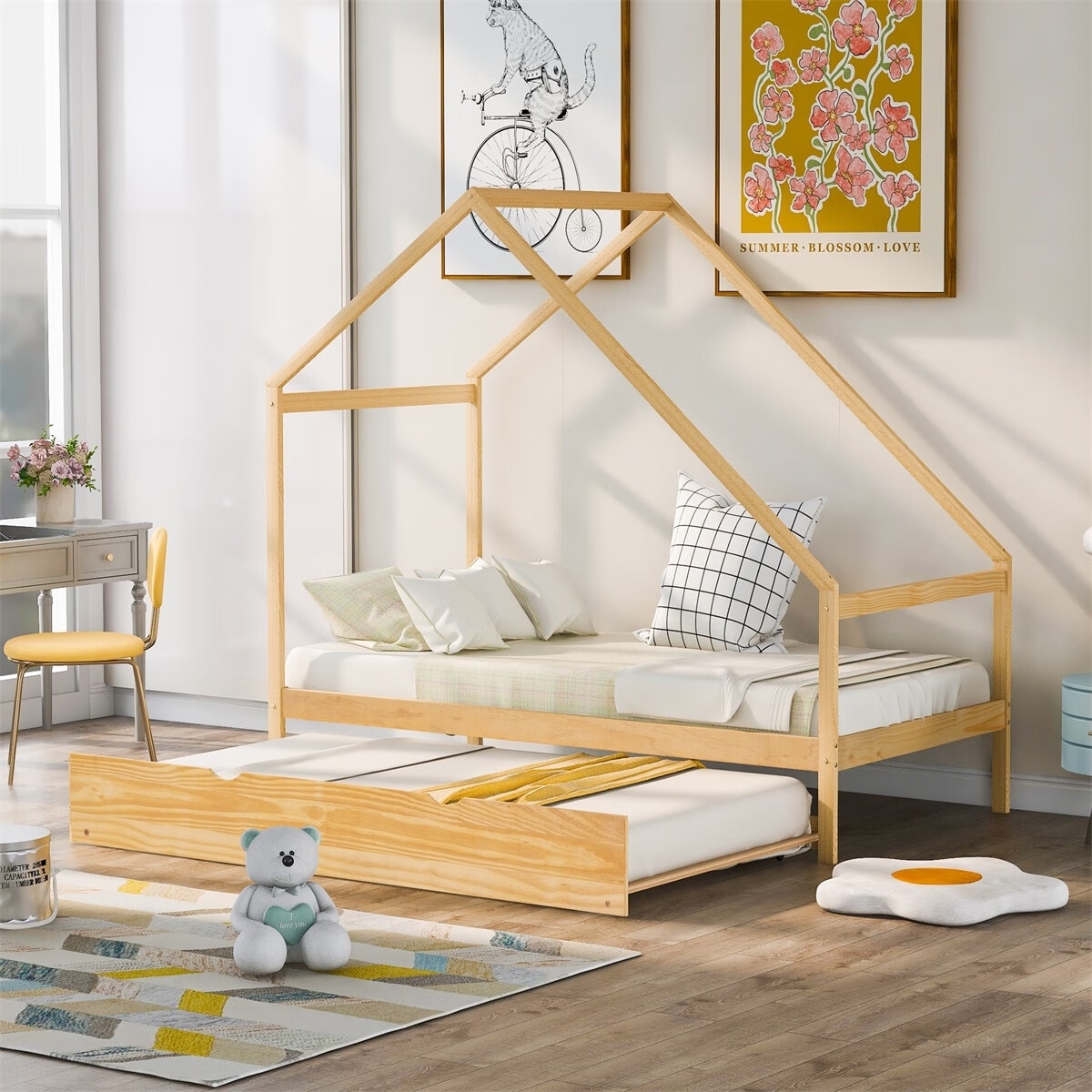 Merax Wooden House Bed With Twin Size Trundle