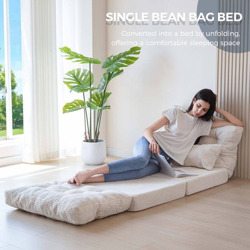 Corduroy Bean Bag Bed Tufted Folding Sofa Bed with Pillows