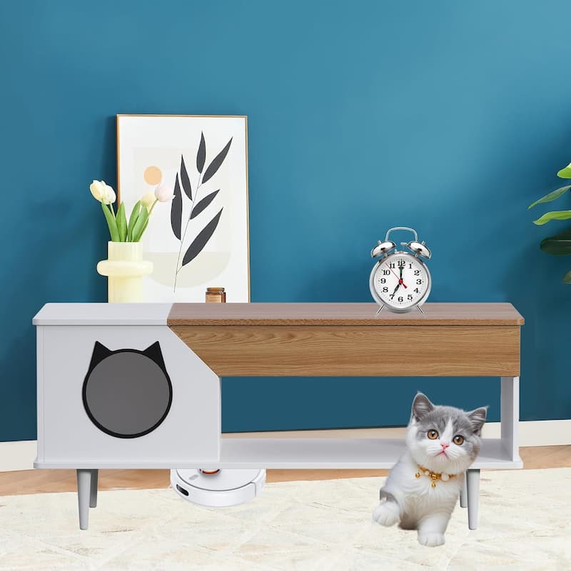 Hidden Cat Litter Box Enclosure, 45'' Coffee Table with Cat House - Wood And White
