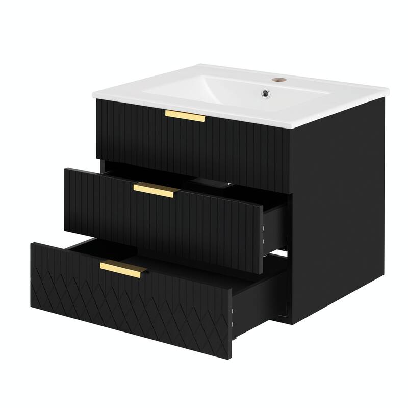 24-inch Wall-Mounted Floating Cabinet with Double Drawer, Rectangular Vanity Sink