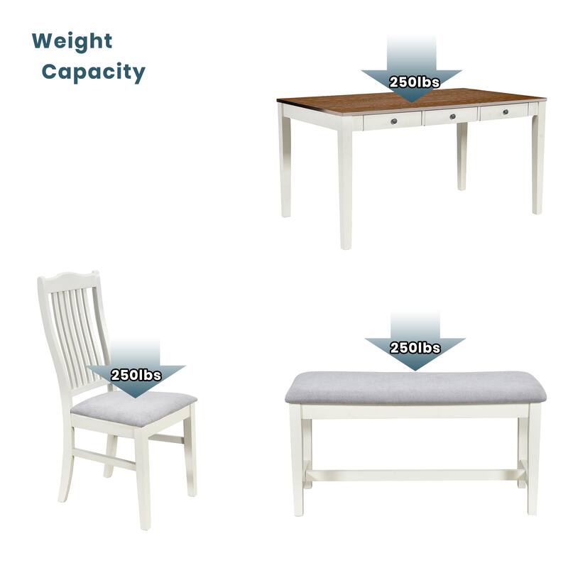Roomfitters 6-Piece Mid-Century Dining Table Set with Bench and 4 Upholstered Chairs, Storage Drawer