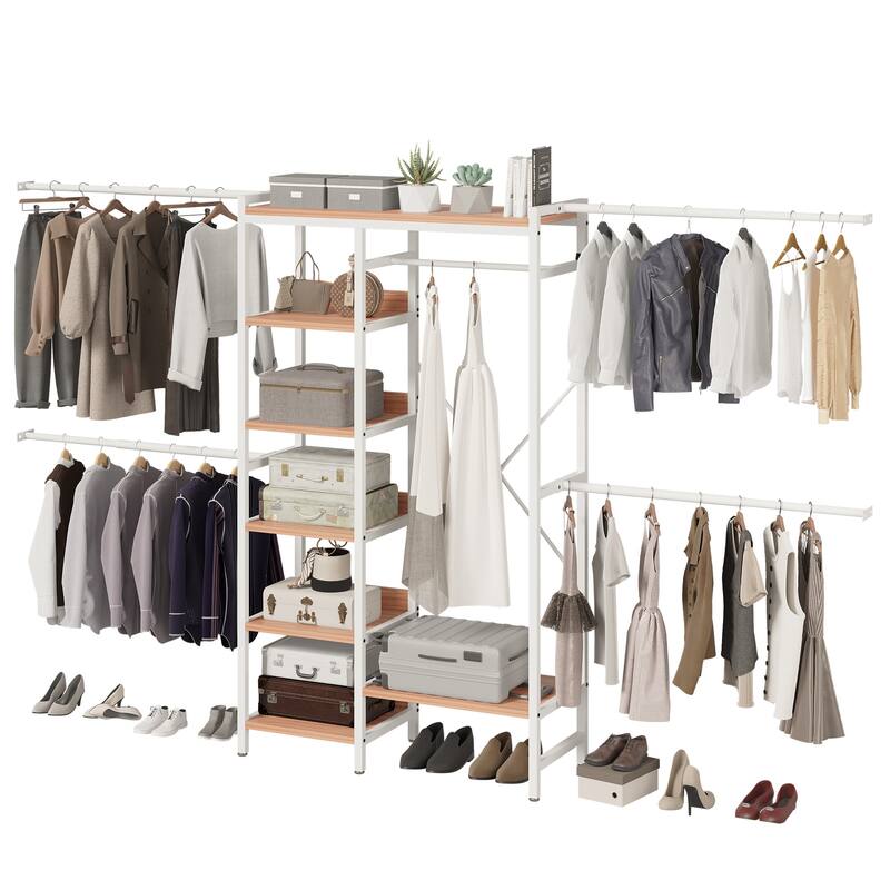 Wall-Mounted Clothing Storage Rack Multi-Functional Closet Organizer System with Adjustable Rods and Shelves