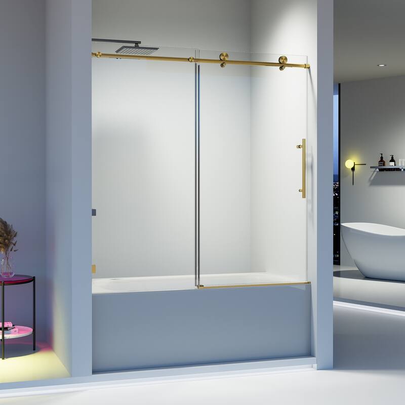 56-60" W x 60" H Frameless Single Sliding Shower Door, 8mm Tempered Glass Soft-Close Bathroom Enclosure - 60x60" - Brushed Gold