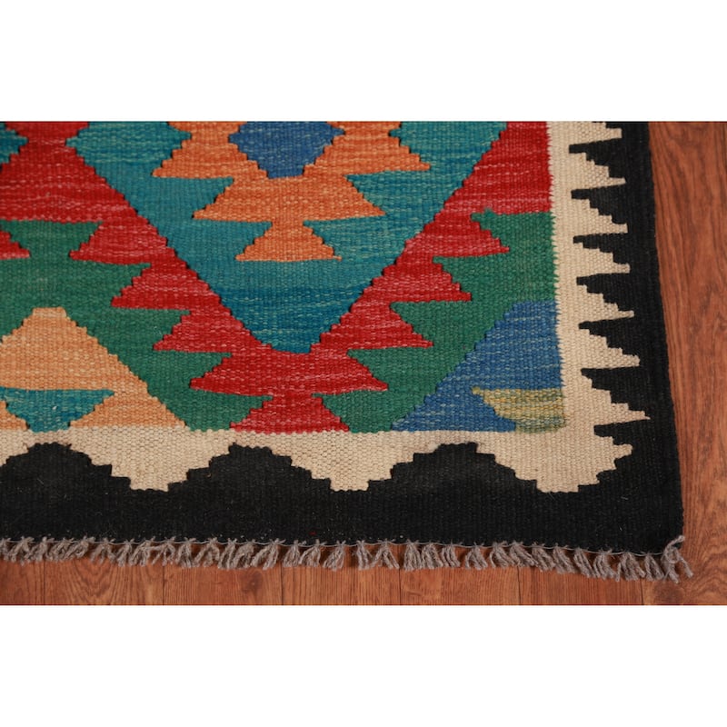 Hand Woven Oriental 100% Wool Carpet Southwestern Geometric Multi-Colored Kilim Runner Rug - 12' 10'' X 2' 9''