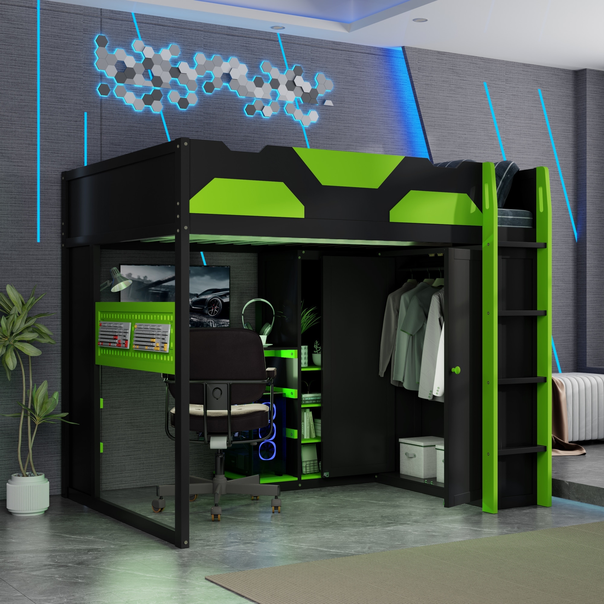 Roomfitters Full Wood Gaming Loft Bed, Adjustable Desk, Double-Door Wardrobe & RGB LEDs, Bed Frame & USBs Set