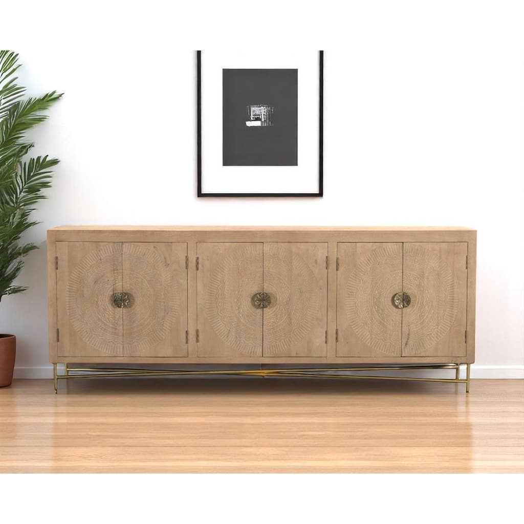 HomeRoots 95" Natural And Antiqued Gold Solid Wood Carved Geometric Sideboard with Six Doors