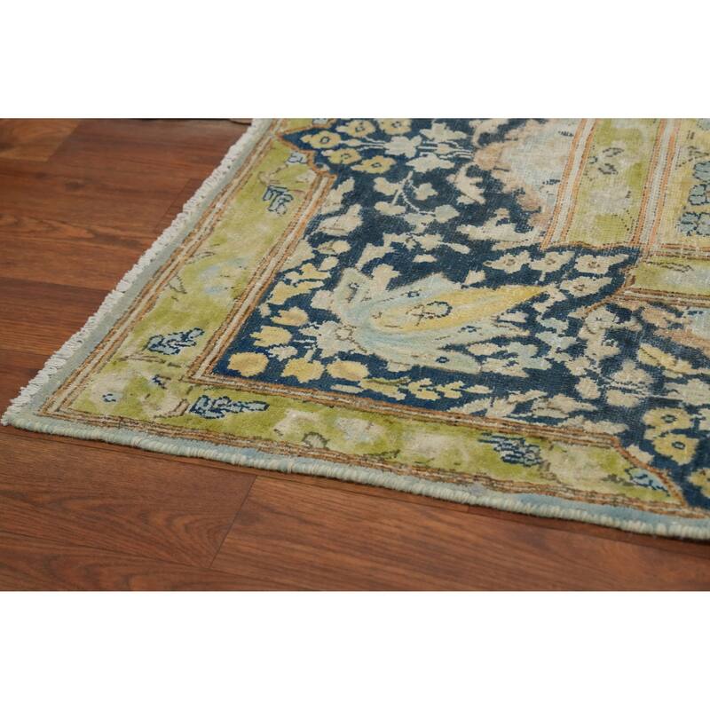 Hand Knotted Oriental 100% Wool Carpet Traditional Floral Navy Blue & Blues Kerman Area Rug - 10' 1'' X 7' 4''