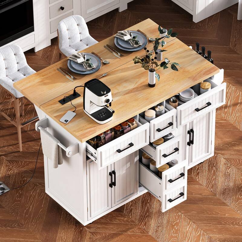 Kitchen Island With Drop Leaf,Power Outlet,With 4 Doors,5 Deep Drawers and Adjustable Shelves - N/A