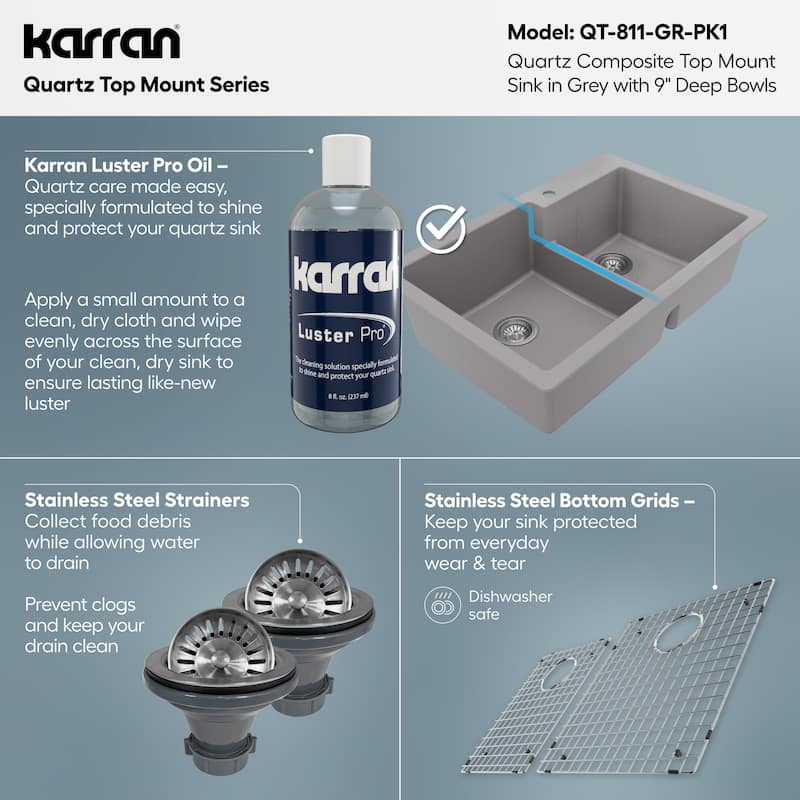Karran 33" Top Mount Large/Small Bowl Quartz Kitchen Sink Kit - 33" x 22" x 9"