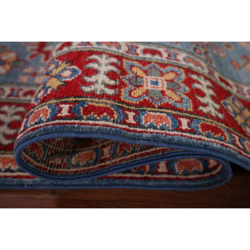 Blue Geometric Kazak Oriental Runner Rug Handmade Wool Carpet - 2'8" x 9'9"